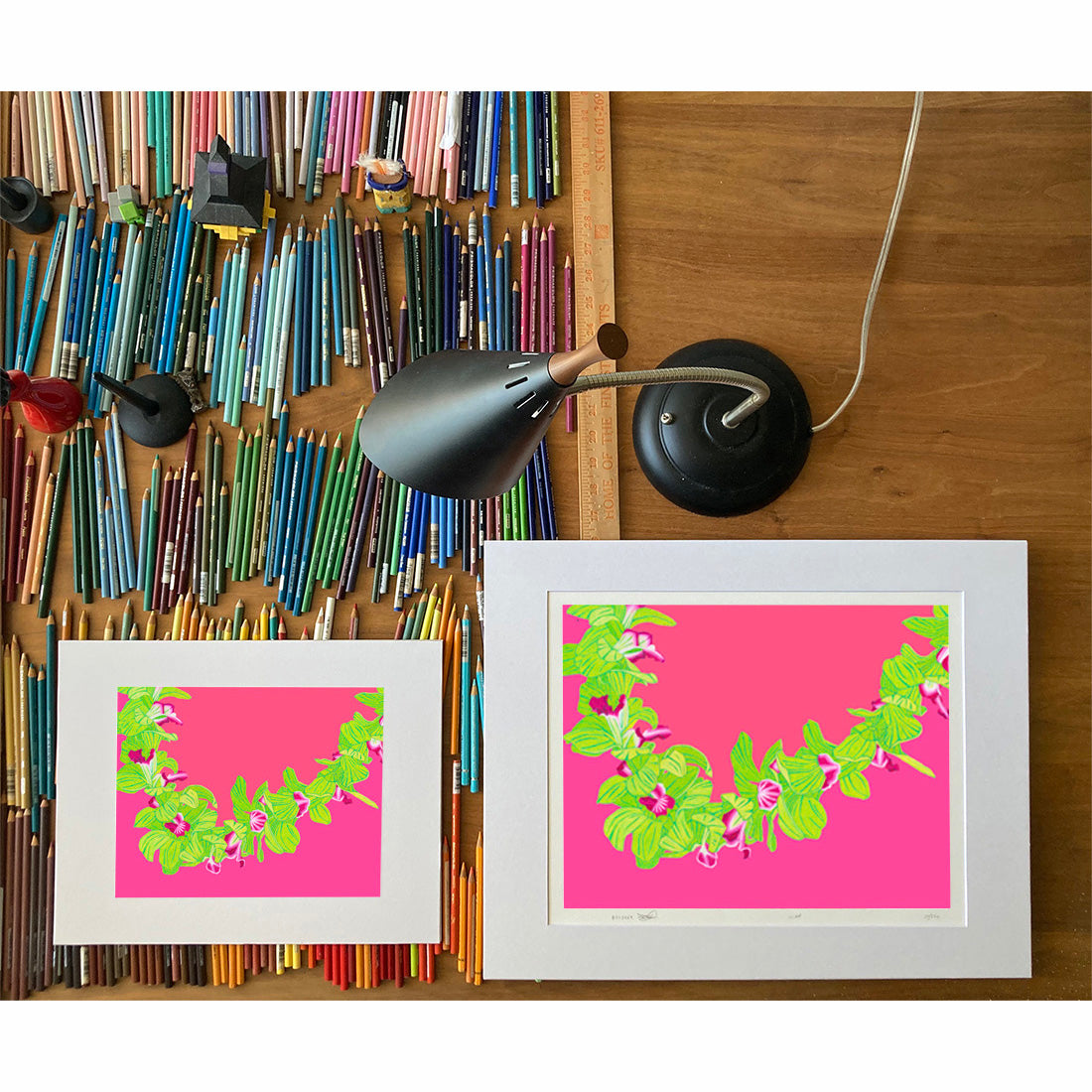 Green Orchid Lei. lei flower art print by Oahu visual artist Judd Boloker. Made in Hawaii. Hawaiian flower artwork. Drawing of Hawaii