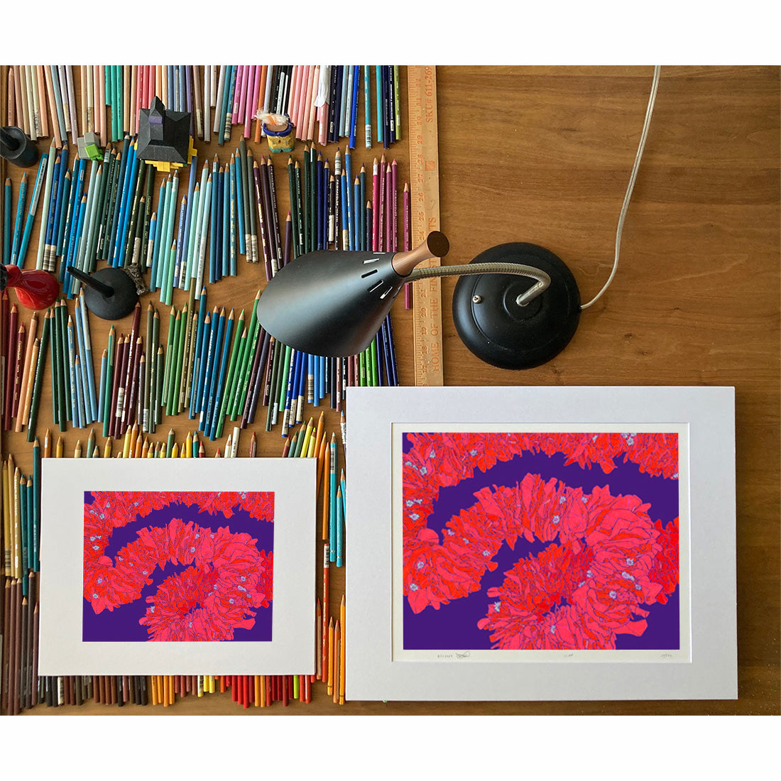 Bougainvillea lei flower art print by Oahu visual artist Judd Boloker. Made in Hawaii. Hawaiian flower artwork. Drawing of Hawaii