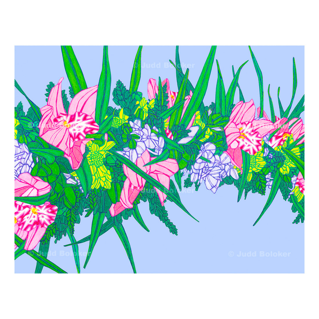 Orchid lei wall art print by Oahu visual artist Judd Boloker.  Made in Hawaii.  Hawaiian print.  Fine Art from Hawaii