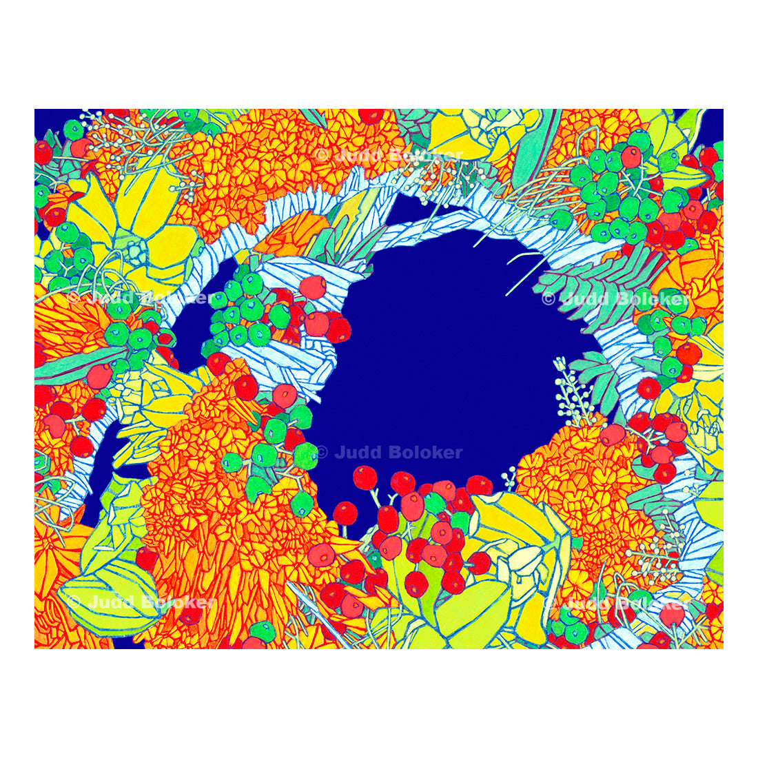 Lantana lei wall art print by Oahu visual artist Judd Boloker. Made in Hawaii. Hawaiian print. Fine Art from Hawaii