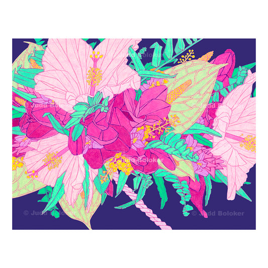 Hibiscus Haku. lei wall art print by Oahu visual artist Judd Boloker.  Made in Hawaii.  Hawaiian print.  Fine Art from Hawaii