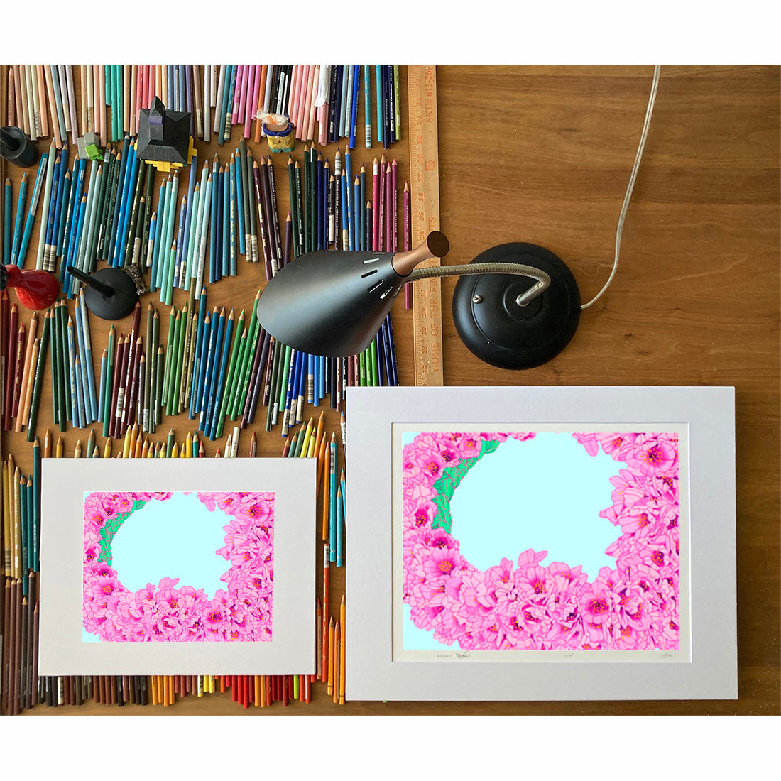 Cherry Blossom Lei flower art print by Oahu visual artist Judd Boloker.  Made in Hawaii. Hawaiian flower artwork.  Drawing of Hawaii