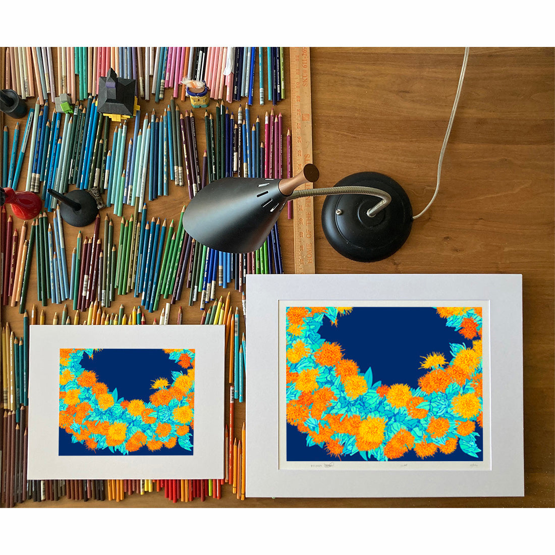 Safflower lei flower art print by Oahu visual artist Judd Boloker. Made in Hawaii. Hawaiian flower artwork. Drawing of Hawaii