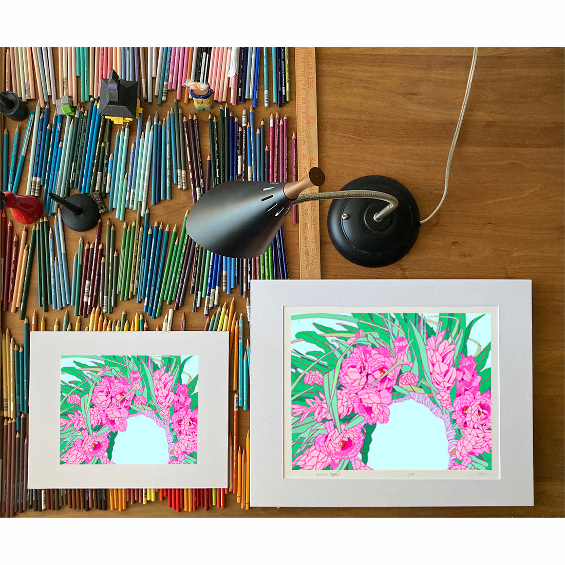 Ginger and Peony Haku. lei flower art print by Oahu visual artist Judd Boloker.  Made in Hawaii. Hawaiian flower artwork.  Drawing of Hawaii