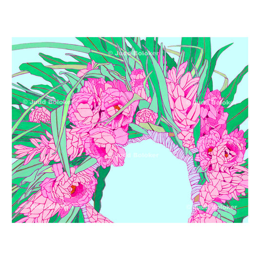 Ginger and Peony Haku. lei wall art print by Oahu visual artist Judd Boloker.  Made in Hawaii.  Hawaiian print.  Fine Art from Hawaii