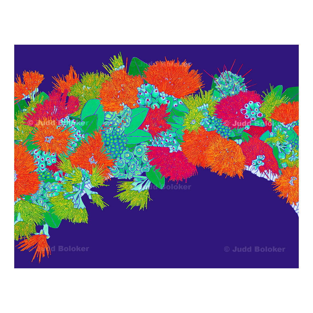 ohia lehua lei wall art print by Oahu visual artist Judd Boloker.  Made in Hawaii.  Hawaiian print.  Fine Art from Hawaii