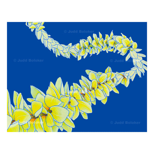 Yellow plumeria lei wall art print by Oahu visual artist Judd Boloker.  Made in Hawaii.  Hawaiian print.  Fine Art from Hawaii