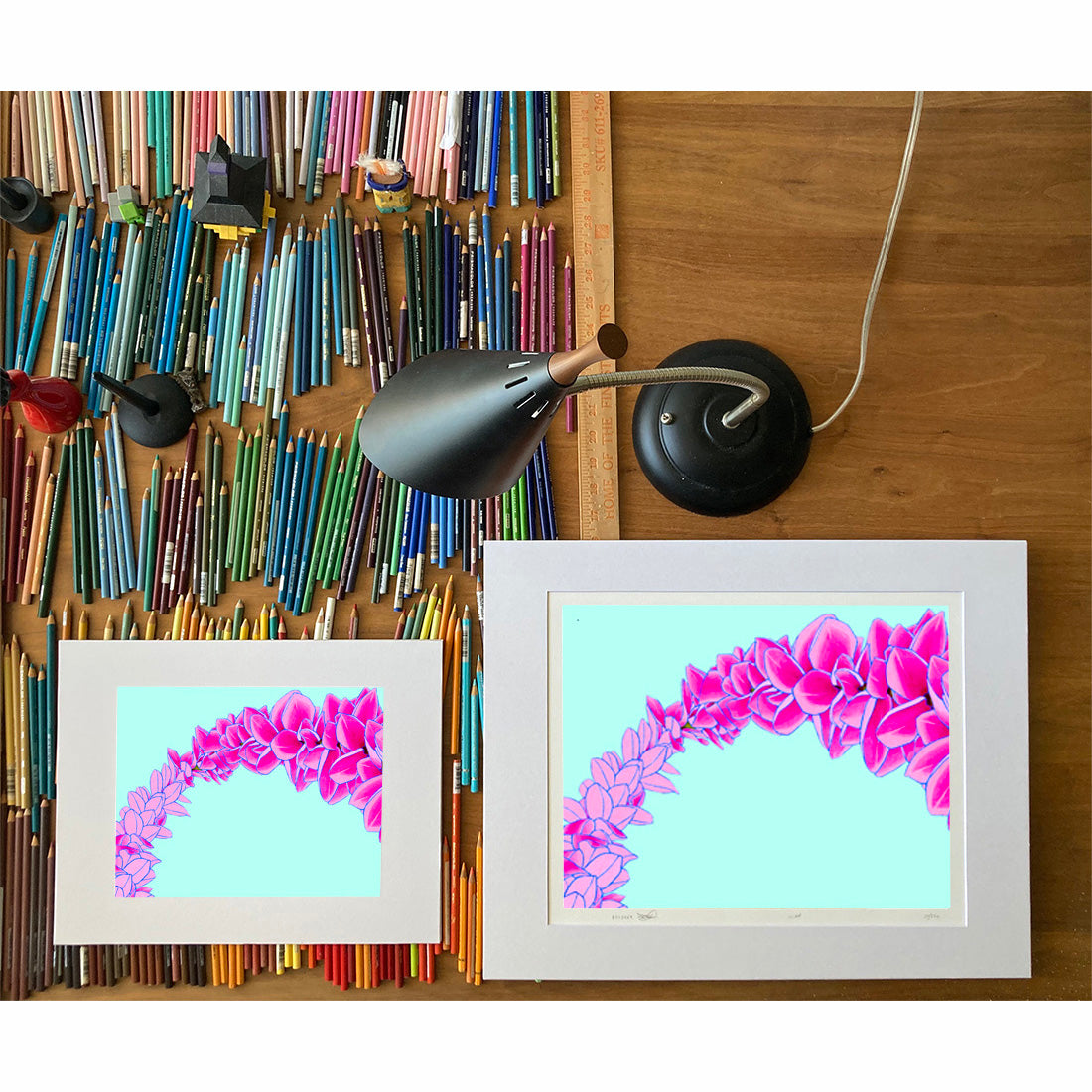 pink plumeria lei flower art print by Oahu visual artist Judd Boloker. Made in Hawaii. Hawaiian flower artwork. Drawing of Hawaii