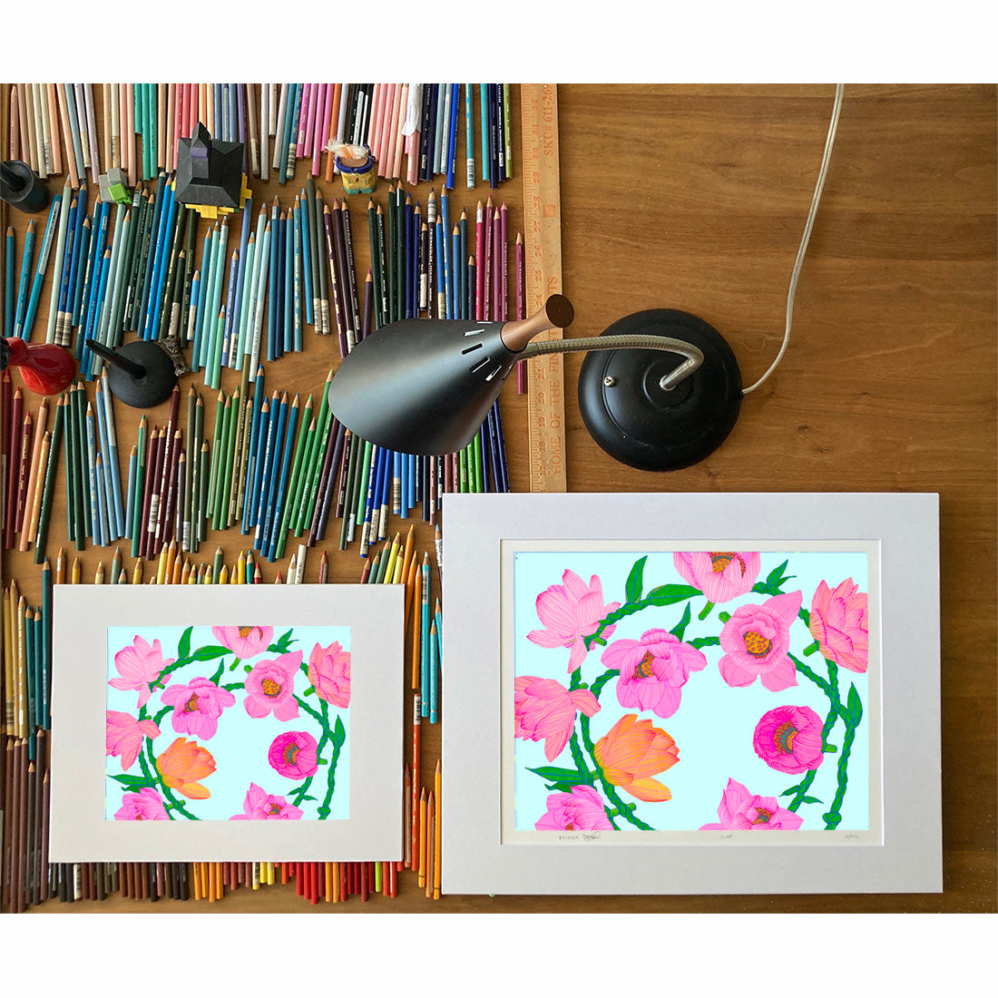 Lei Lā’ī Hilo with Lotus Flowerslei flower art print by Oahu visual artist Judd Boloker.  Made in Hawaii. Hawaiian flower artwork.  Drawing of Hawaii