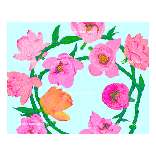 Lei Lā’ī Hilo with Lotus Flowers lei wall art print by Oahu visual artist Judd Boloker.  Made in Hawaii.  Hawaiian print.  Fine Art from Hawaii
