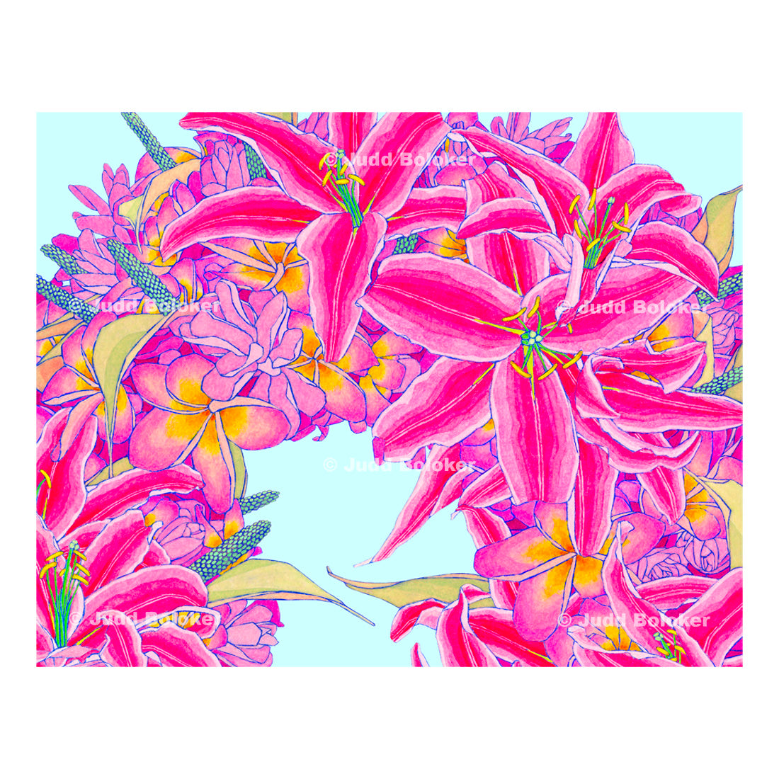 Lily and Plumeria Haku. lei wall art print by Oahu visual artist Judd Boloker.  Made in Hawaii.  Hawaiian print.  Fine Art from Hawaii