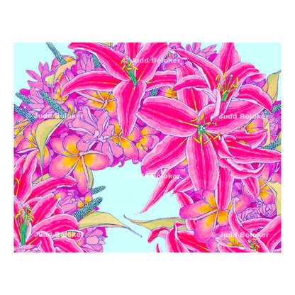 Lily and Plumeria Haku. lei wall art print by Oahu visual artist Judd Boloker.  Made in Hawaii.  Hawaiian print.  Fine Art from Hawaii