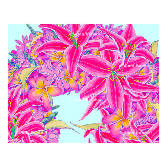Lily and Plumeria Haku. lei wall art print by Oahu visual artist Judd Boloker.  Made in Hawaii.  Hawaiian print.  Fine Art from Hawaii