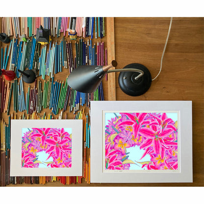 Lily and Plumeria Haku. lei flower art print by Oahu visual artist Judd Boloker.  Made in Hawaii. Hawaiian flower artwork.  Drawing of Hawaii