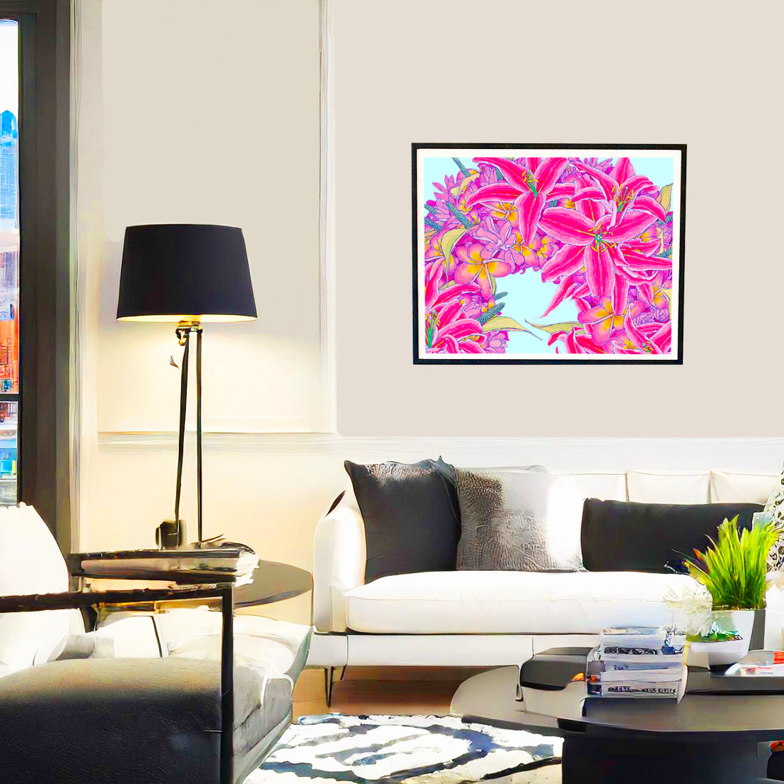 Lily and Plumeria Haku. lei flower wall art print by Judd Boloker.  Made in Hawaii.  Hawaiian flower painting.  Hawaiian wall décor